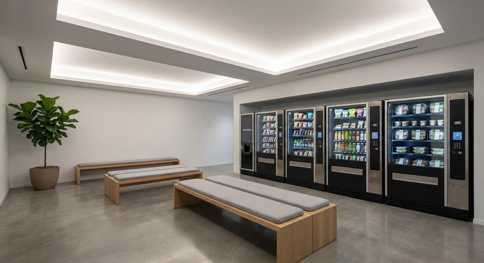 Break room vending machine stocked with snacks and drinks